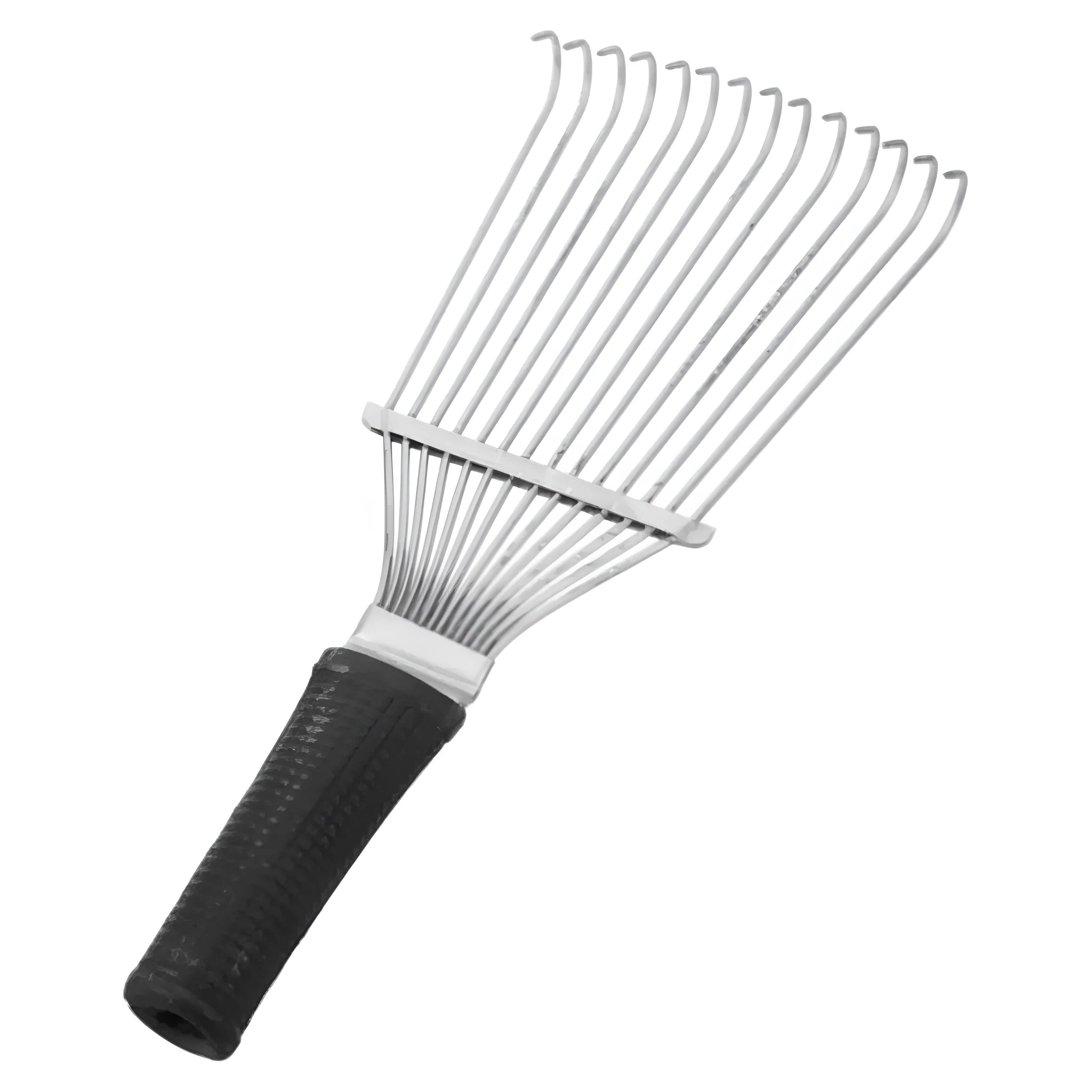 Stainless steel dematting brush and grooming rake for horses and pets on a wooden surface.