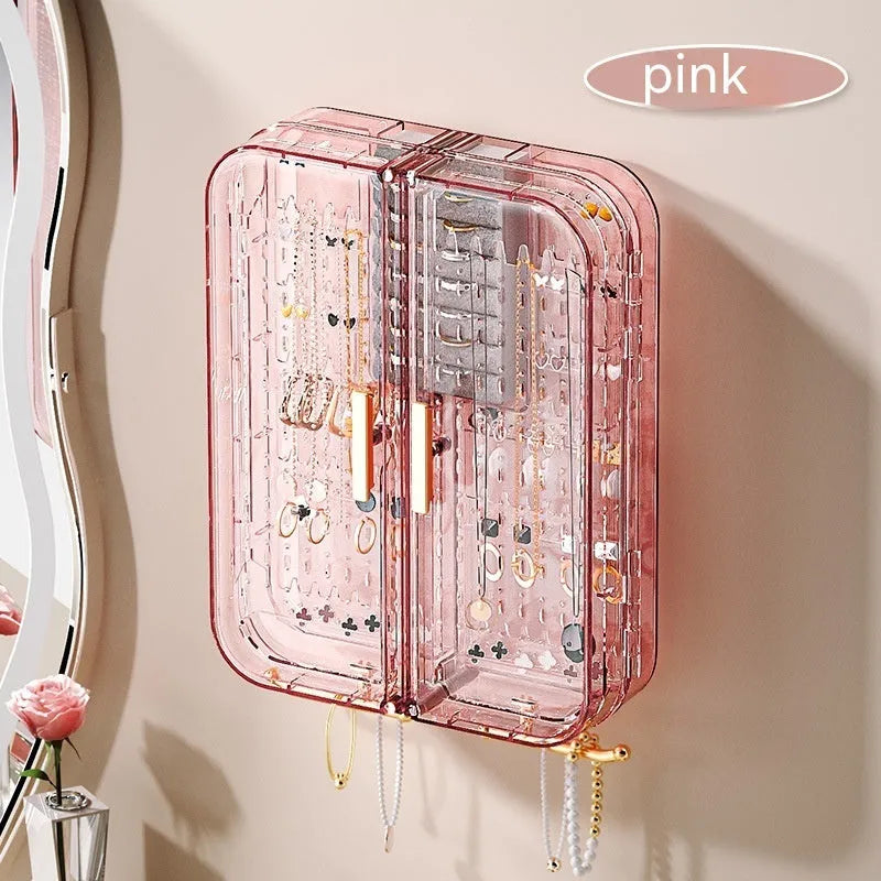 Wall-mounted plastic jewellery storage box with more than 8 layers, shown in Peach Pink or Transparent Gray for ornaments.