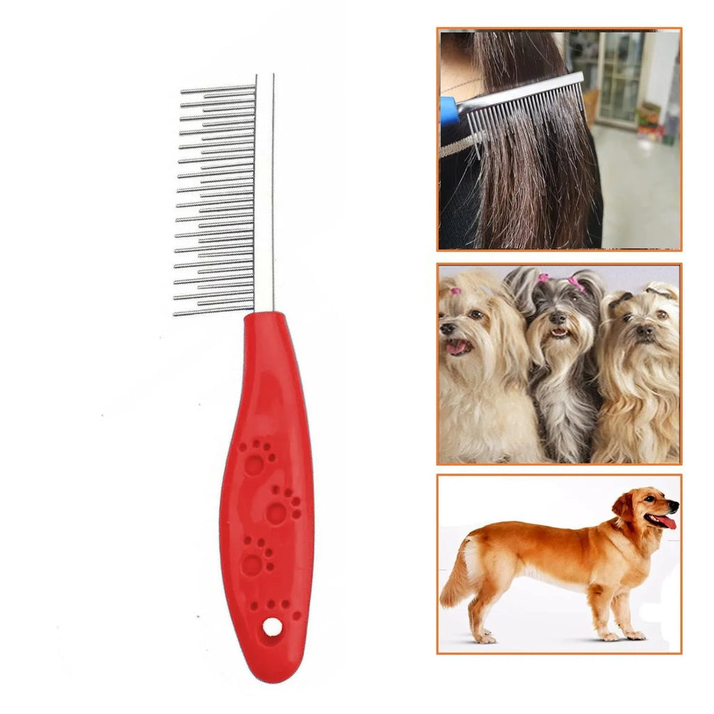 Red plastic handle pet grooming comb with stainless steel short and long teeth.