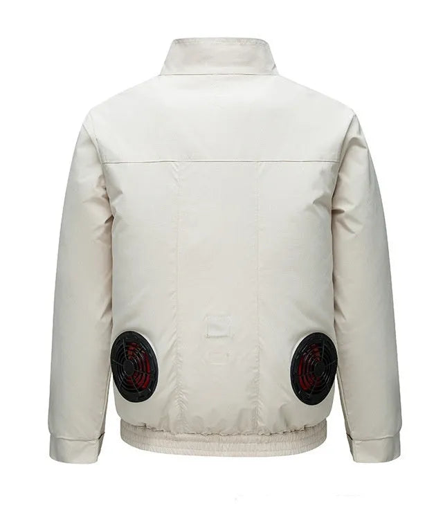 Men's black smart air conditioning jacket with ventilation holes for a portable fan, laid flat.