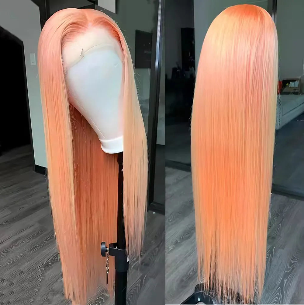 Light orange long straight front lace wig with side bangs on display