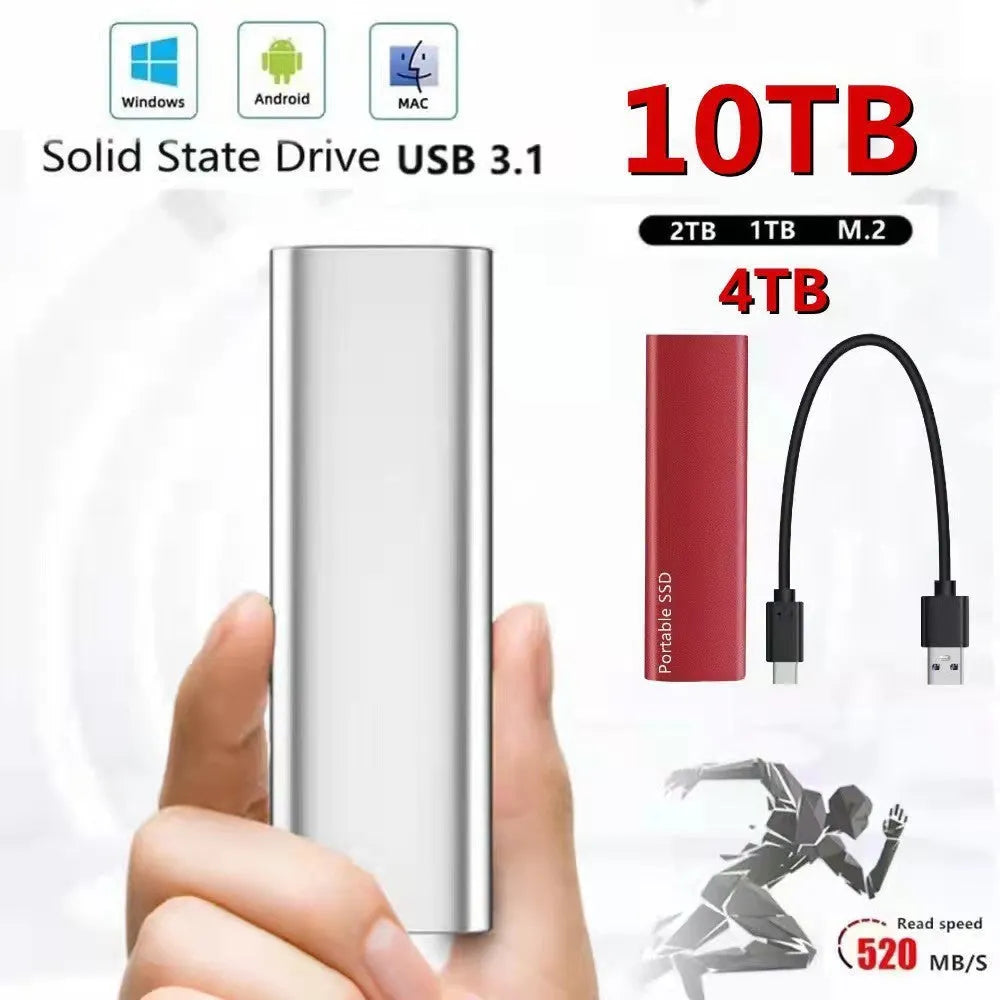 Ultra-thin metal external SSD portable hard drive in red, black, blue, or silver.