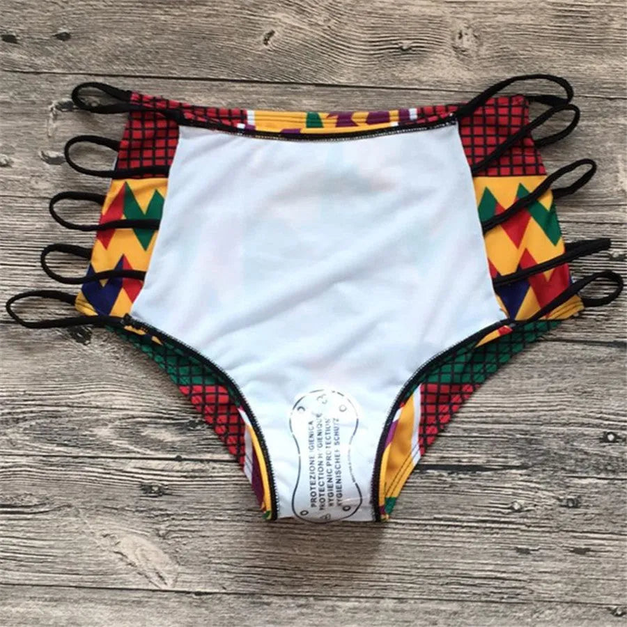 Women's high-waist digital print bikini swimsuit set with quick-drying fabric.