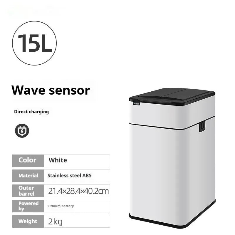Stainless steel inductive smart trash can with square design and 26+ litre capacity