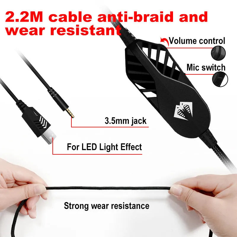 Wired gaming headset with microphone and breathing light in multiple colour options