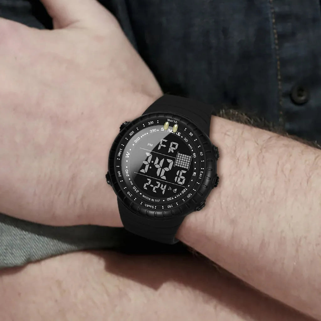 Black men's waterproof outdoor electronic watch with large digital dial on a PU strap.