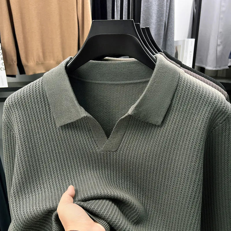 Men's loose fit casual pullover sweater in green, shown on a model for autumn leisure wear.