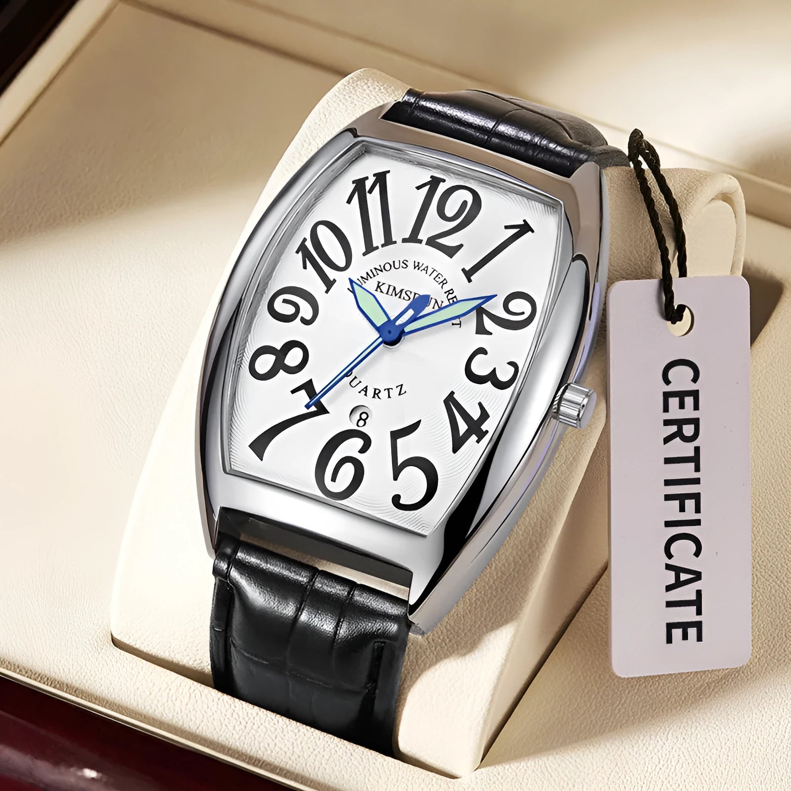 Jinshidun men's retro quartz watch with luminous dial, silver case, white face, black markings, and black leather strap