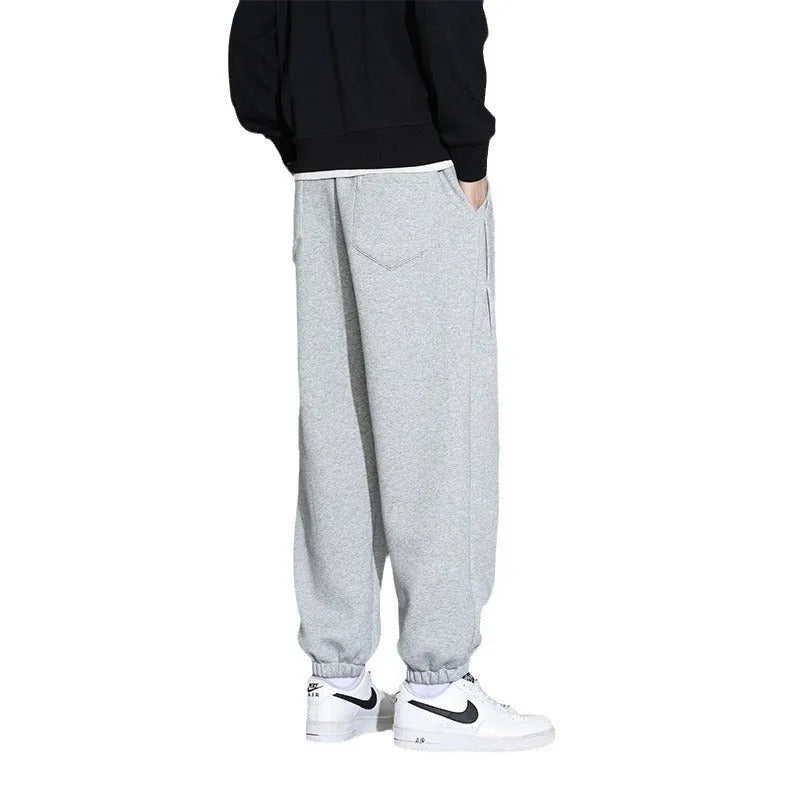 Men's loose fit solid colour cotton blend sports trousers with drawstring elastic waist in Gray, Black, Army Green, sizes M to 8XL