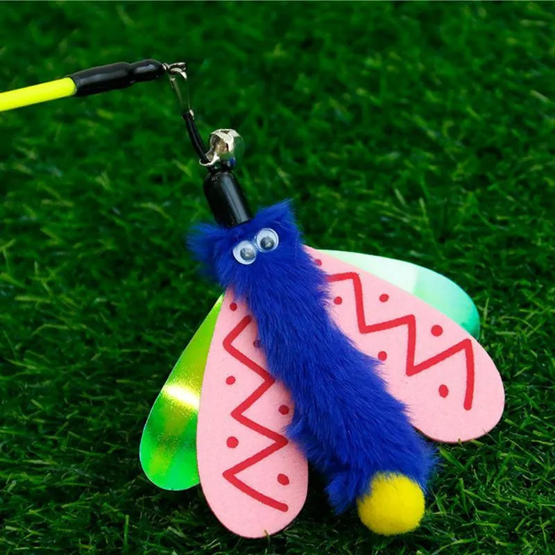 Blue cat wand toy with dragonfly attachment and bell on a 49cm stick