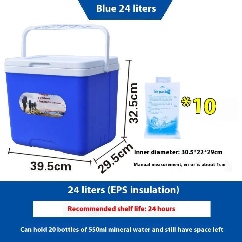 Blue portable insulated cool box with aluminium foil interior, shown with lid open.