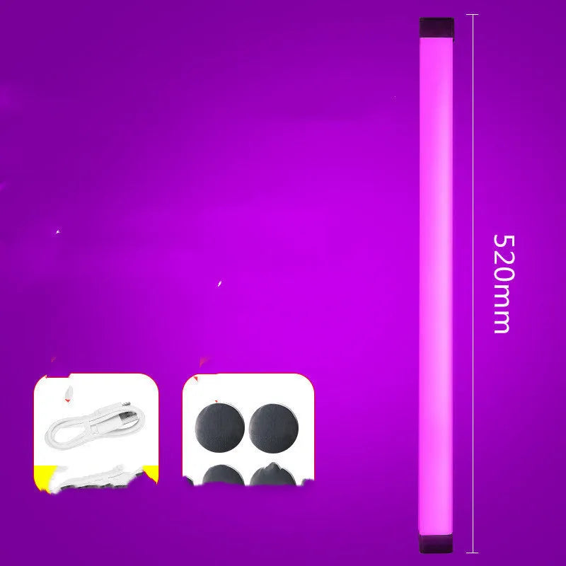 Rechargeable dimmable LED tube light in blue or purple colour showing 17cm, 32cm, and 52cm size options.