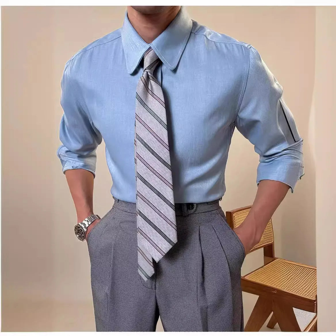 Men's round collar long sleeve shirt in slim fit available in light and dark blue colours