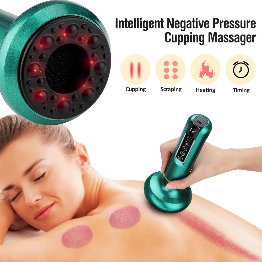 Green electric vacuum cupping massager device with USB cable on a white background