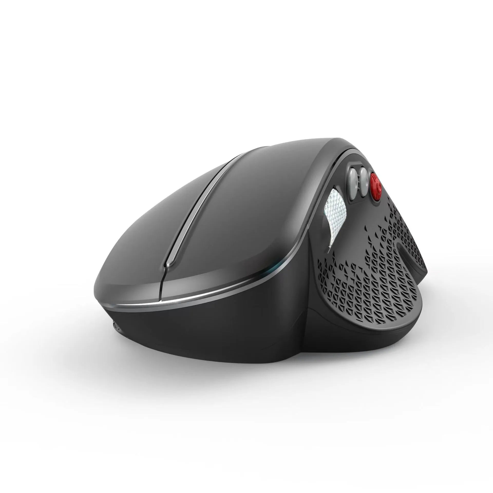 T32 vertical ergonomic wireless mouse in black matte finish showing side grip and aluminium roller.