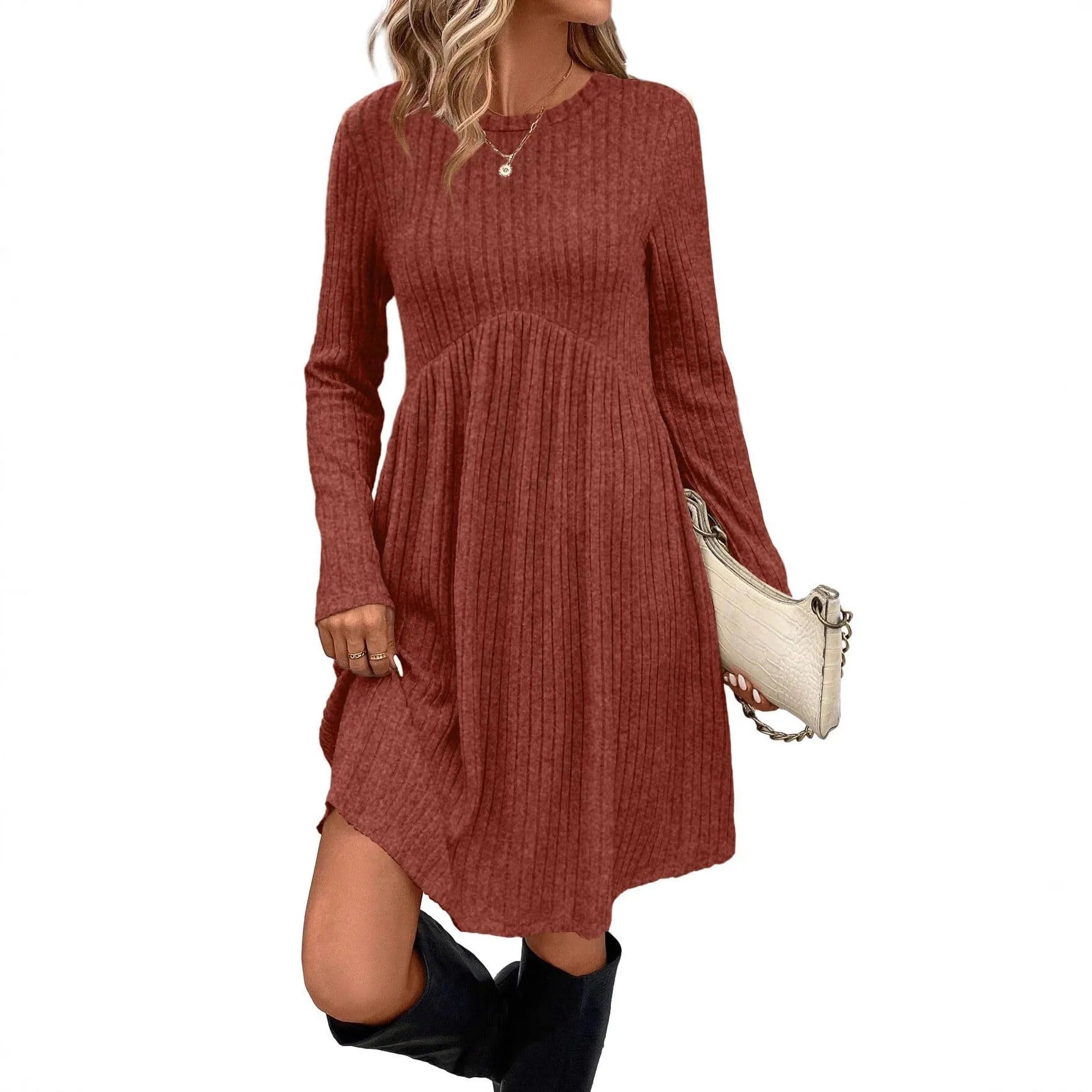 Women's bohemian brushed sunken stripe solid colour princess mid dress with wide waist, seven colours available