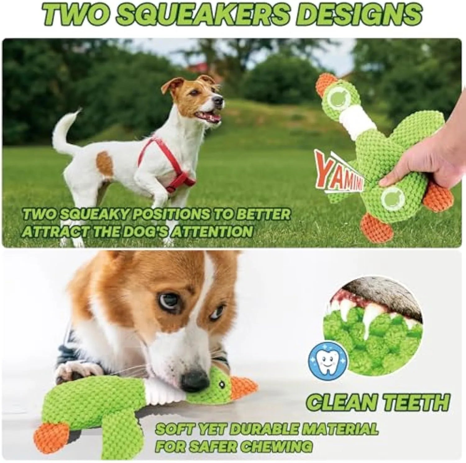 Blue durable duck plush dog toy with squeakers on a plain background