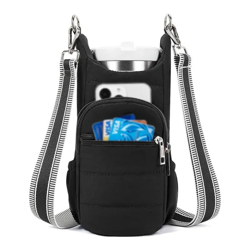 Fabric water bottle kettle bag mounted on bicycle frame in beige colour