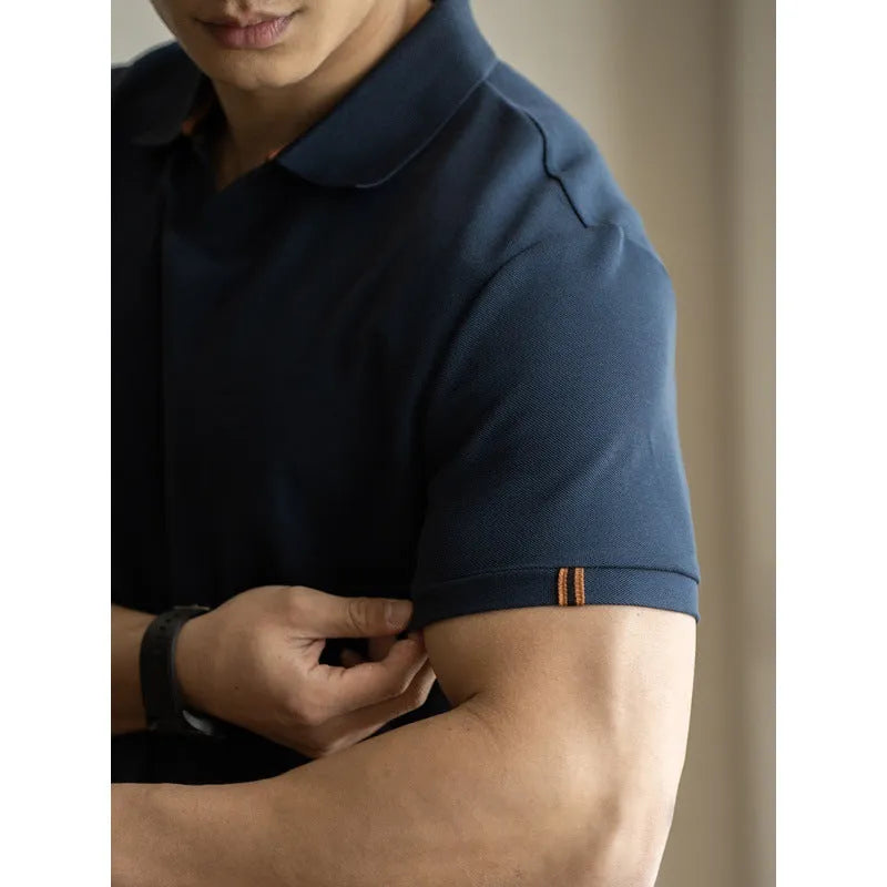 Cotton polyester American-style polo shirt in blue colour with short sleeves and regular fit