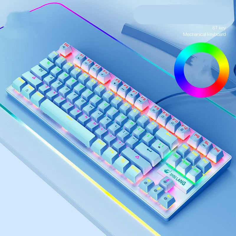 Compact mechanical gaming keyboard with ABS plastic construction in black, white, blue, or pink colour options