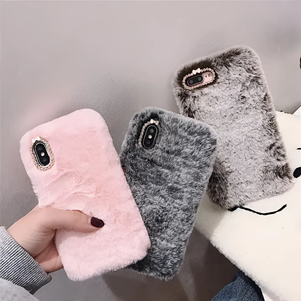 Rabbit hair silicone iPhone case with rhinestone detail, back cover in grey brown or pink plush for Apple iPhone models.