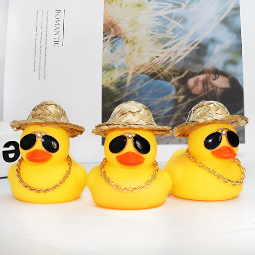 Yellow duck car dashboard ornament with straw hat and sunglasses necklace accessory