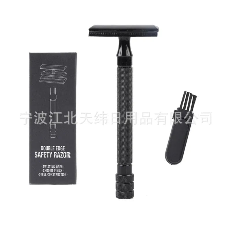 Traditional manual shaving razor scraper with brush combination set in black or silver colour