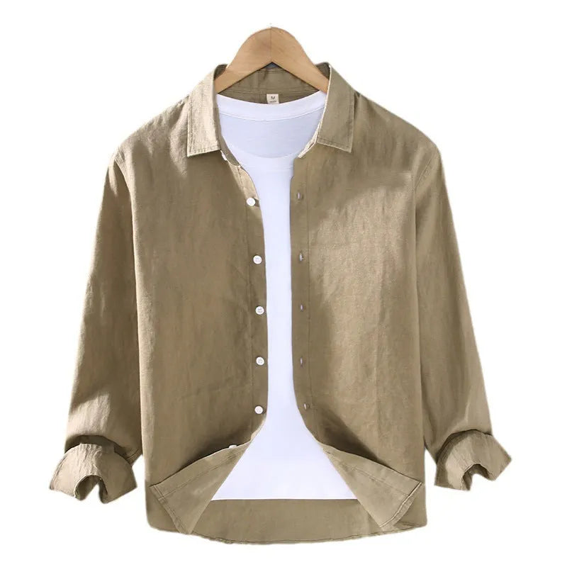 Men's solid colour linen cardigan shirt on a hanger, showing long sleeves.