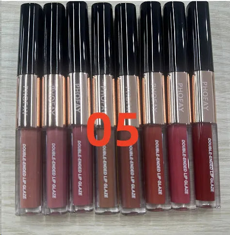 C-L021 double-head lip gloss with non-stick cup applicator shown in colour shades 01 to 08