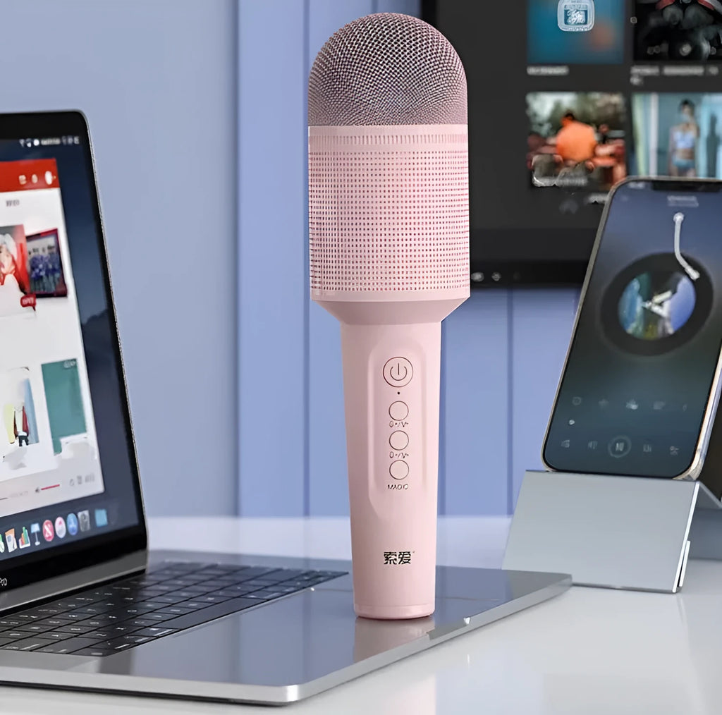 Wireless Bluetooth karaoke microphone in pink, blue, or green with USB connection