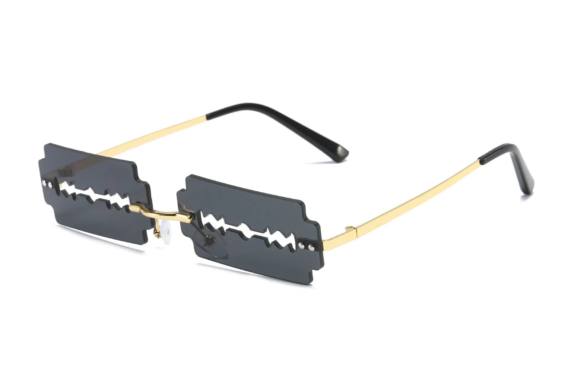 Women's gold metal rimless sunglasses with UV400 PC lenses on a light background