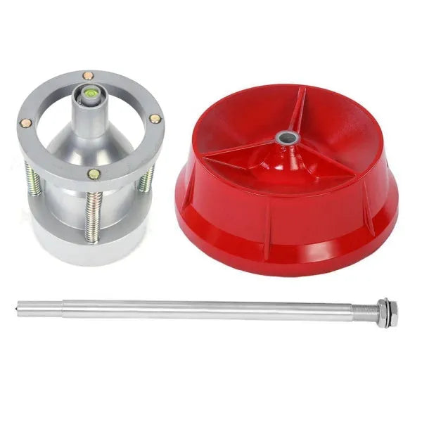 Portable aluminium hub balancer for car tyres with bull's eye level on enamel base.