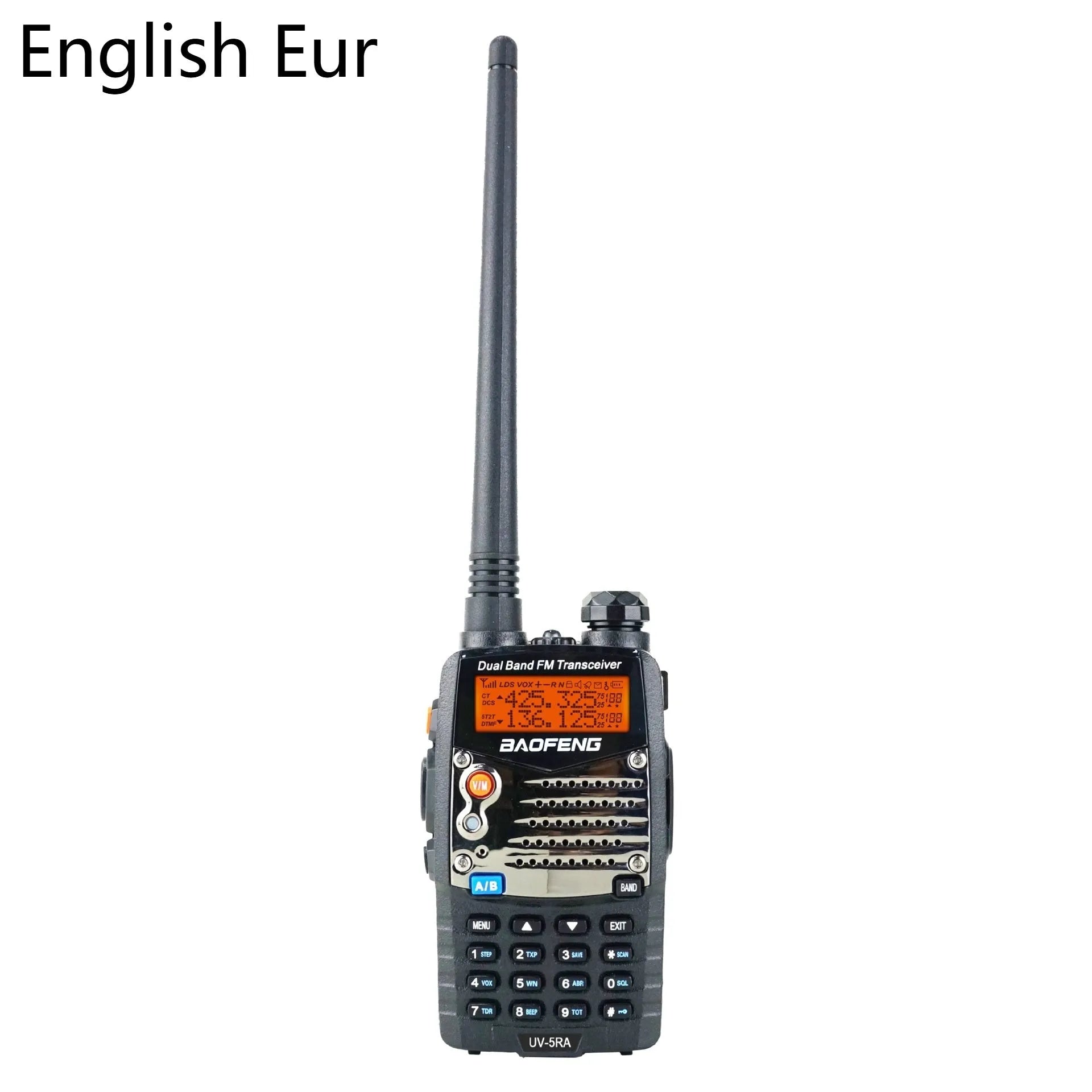 Baofeng UV-5RA dual-band walkie talkie with dual display screen showing two channel frequencies
