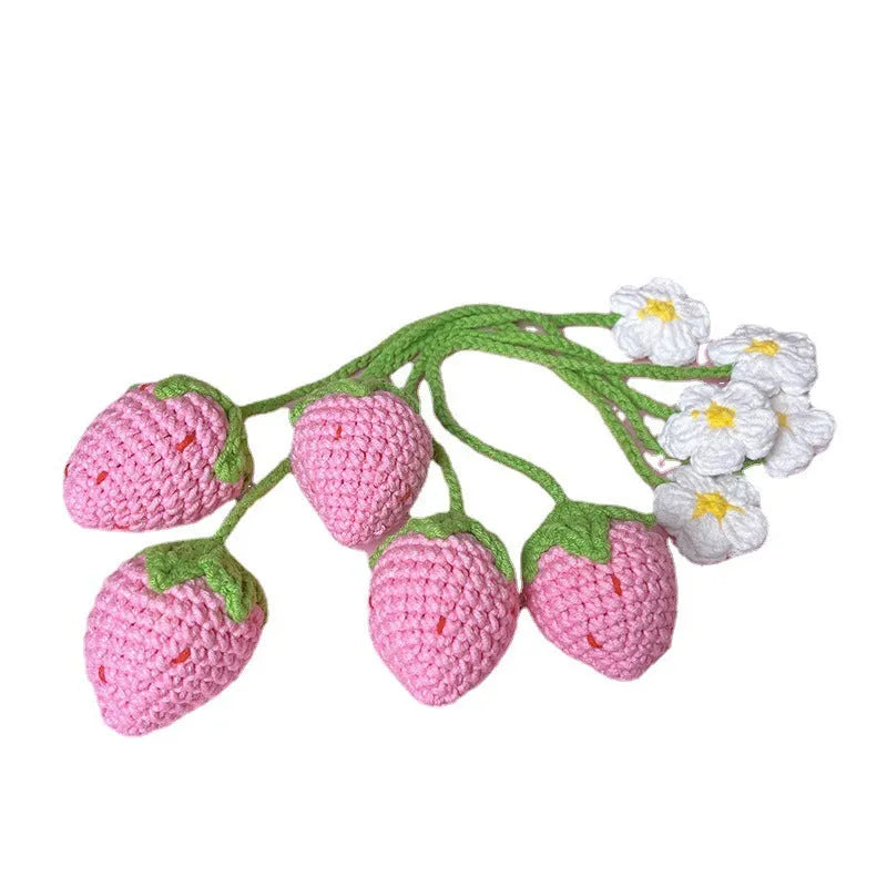 Handmade wool crochet strawberry pendant necklace on a 35cm chain in red colour option.