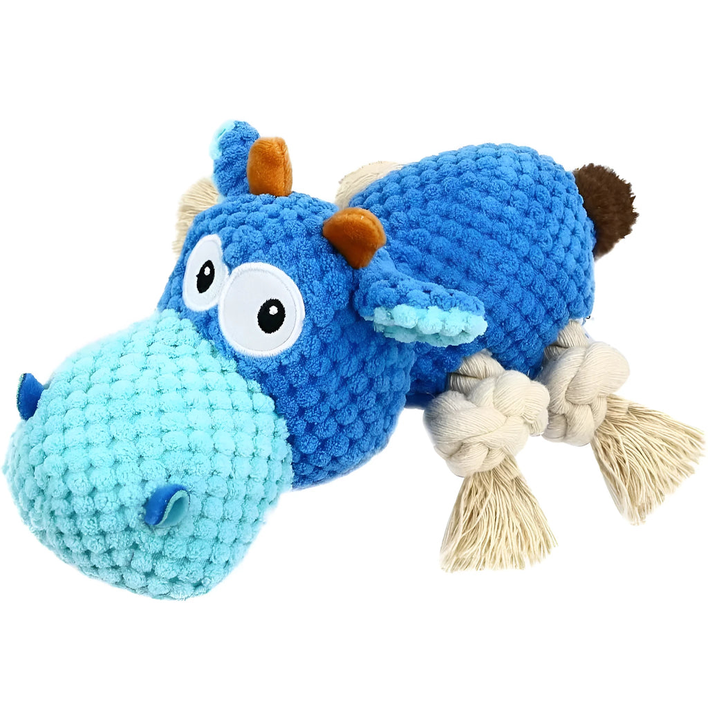 Blue plush dog toy with reinforced seams for aggressive chewers, designed for large breeds like Labrador Retrievers
