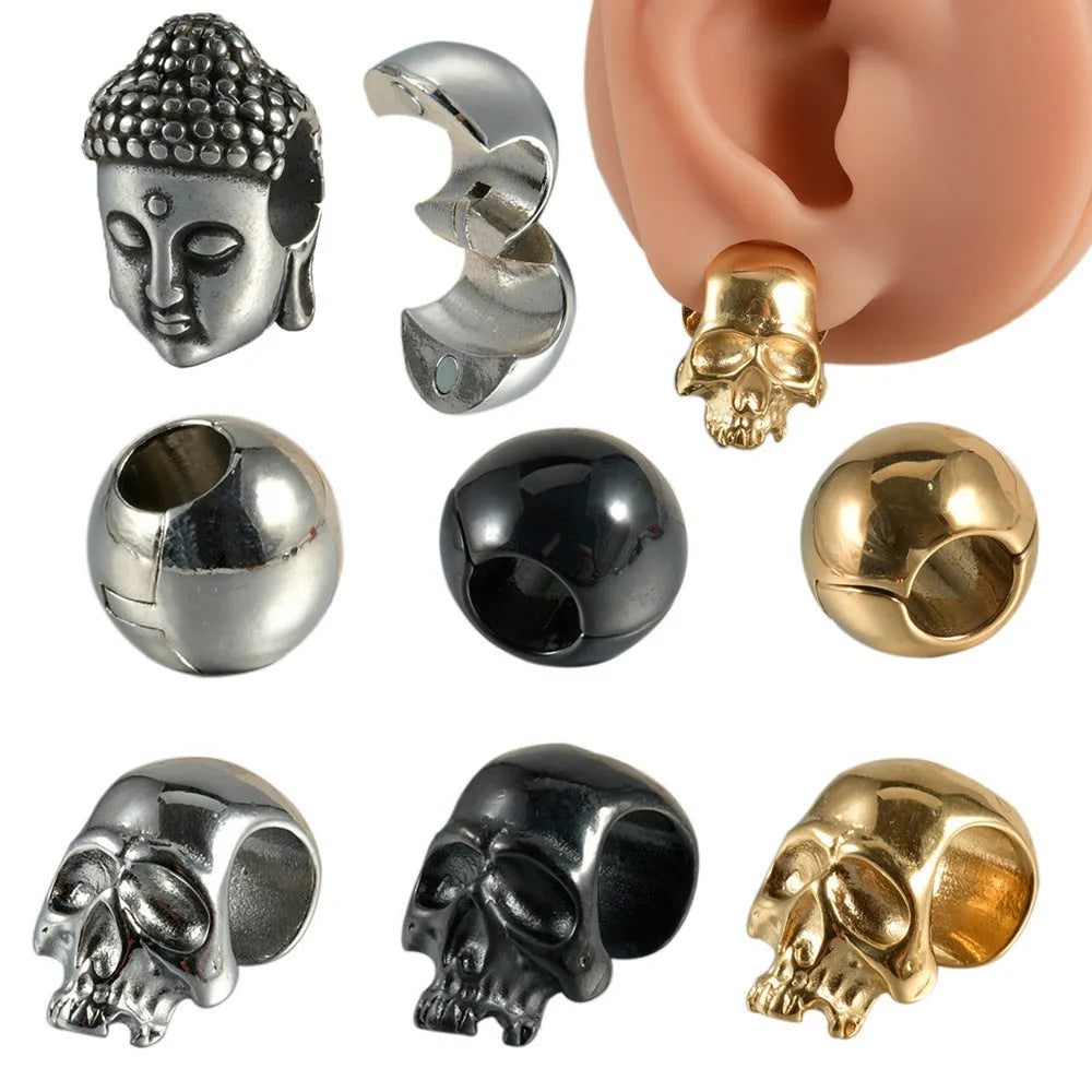 Stainless steel hollow skull Buddha earrings in geometric hip hop design with electroplated finish