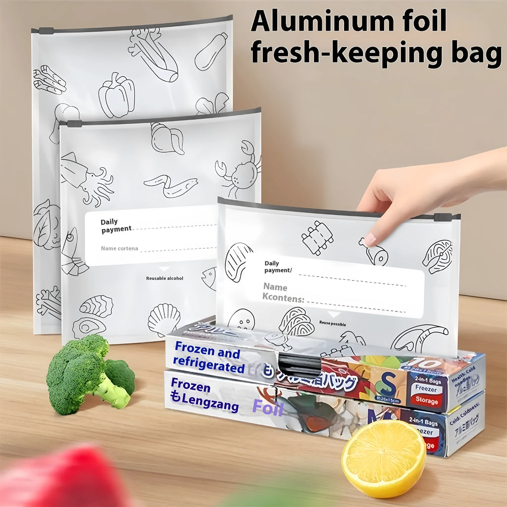 Aluminium foil fresh-keeping bags in three sizes with resealable closure for food storage