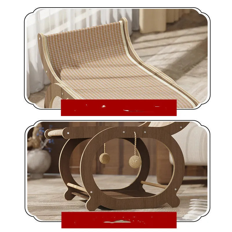 Solid wood frame sisal scratching mat serving as a raised cat bed in a walnut wood finish.