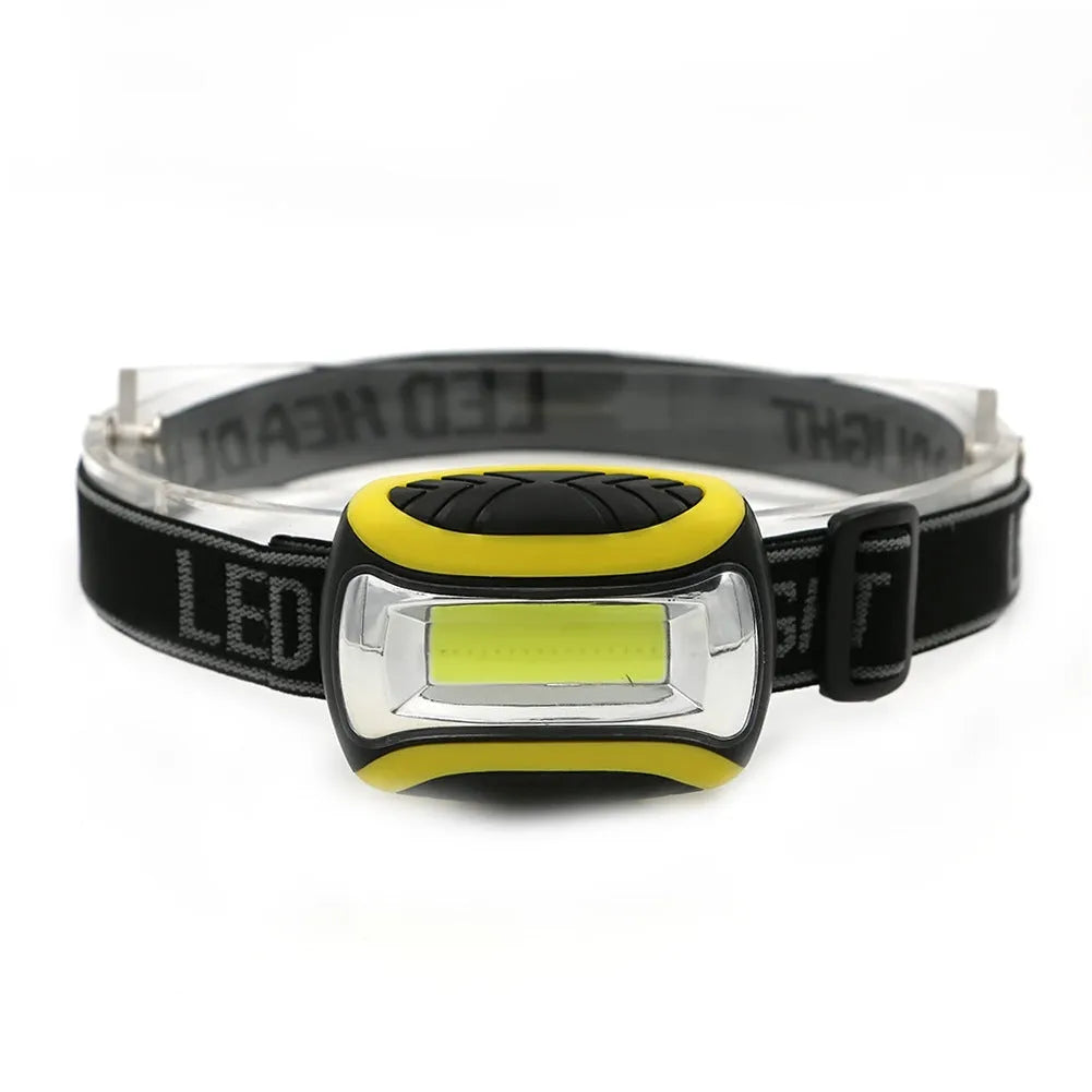 Yellow Major brand headlamp with COB LED light source and adjustable strap for outdoor use.