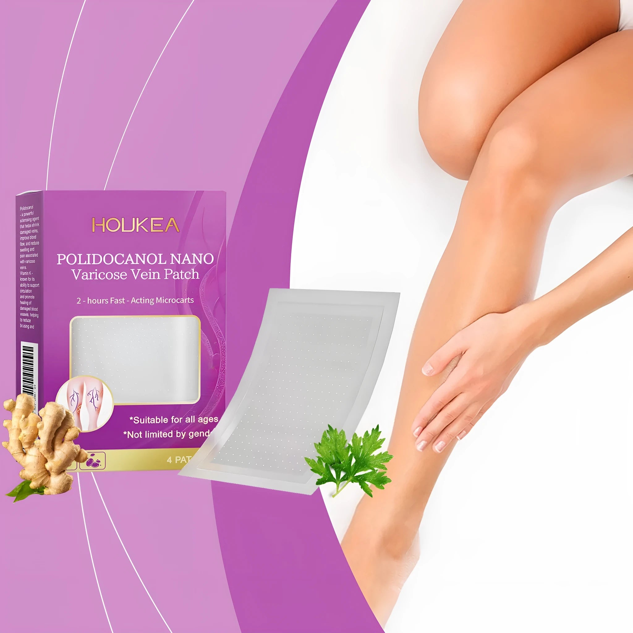 Pack of 4 micro needle patches with moxa leaf and ginger root in sealed foil packaging