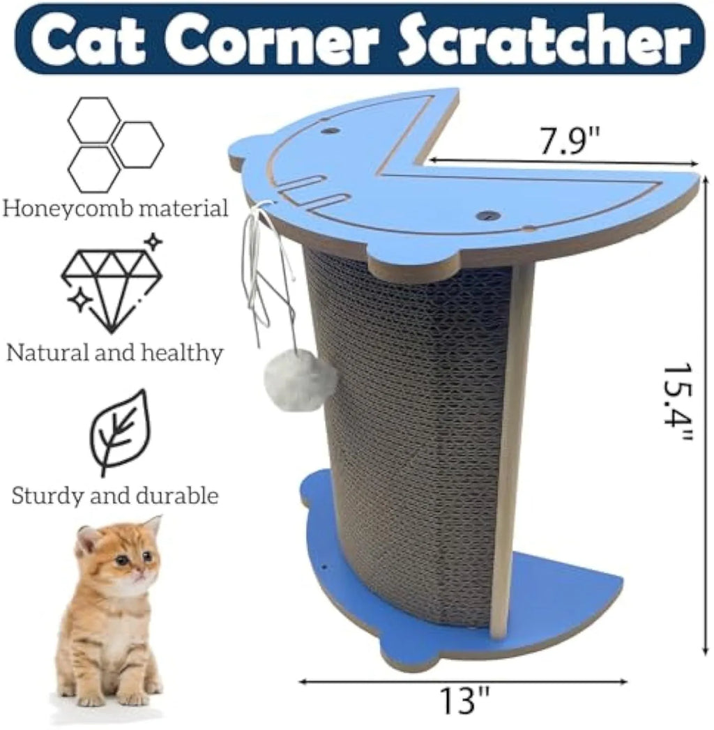 Corner-fitting cardboard cat scratching pad with a dangling ball toy.
