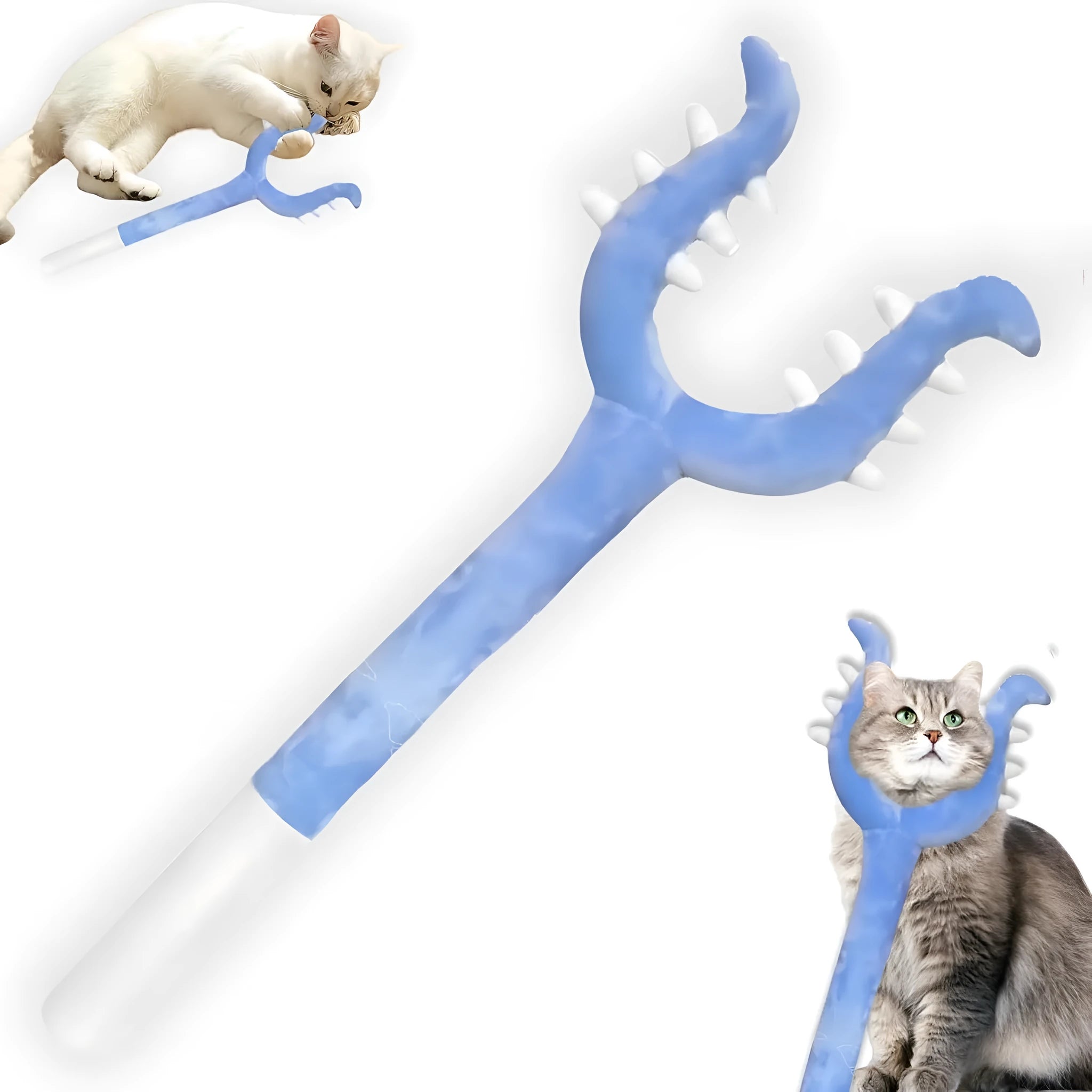 Blue and pink plush cat wand toys showing 70cm length with plush wrapping