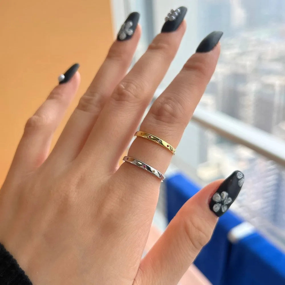 Six-pointed star candy-coloured diamond-embedded electroplated silver ring for women