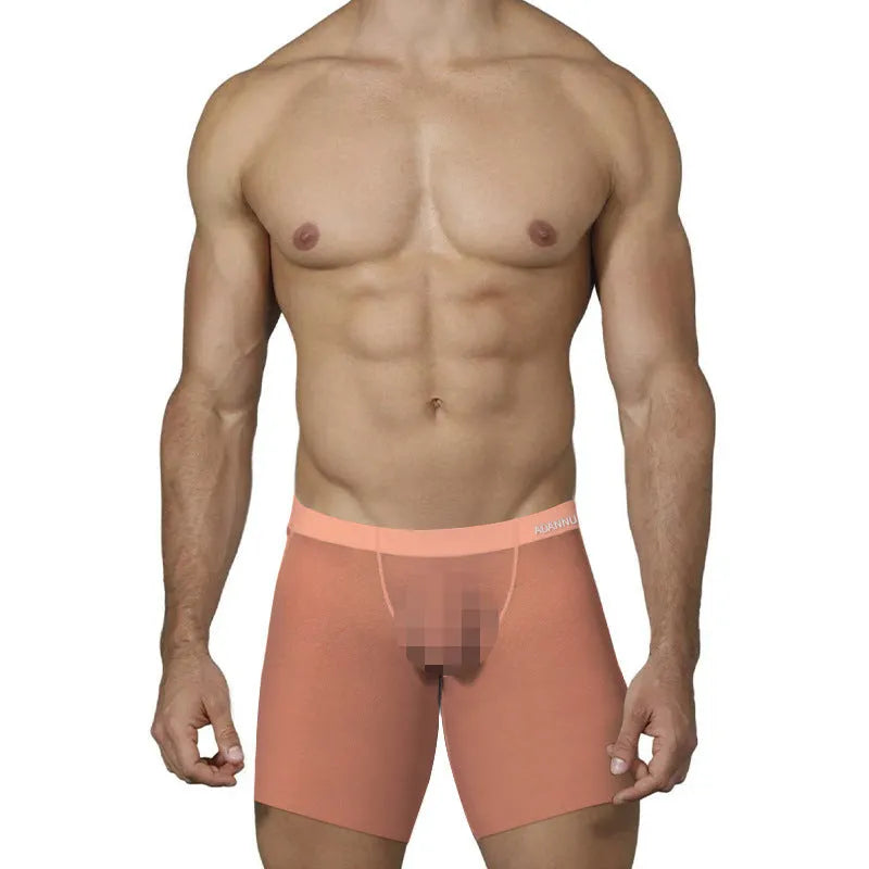 Men's solid colour ice silk boxers in orange, pink, and red on size chart
