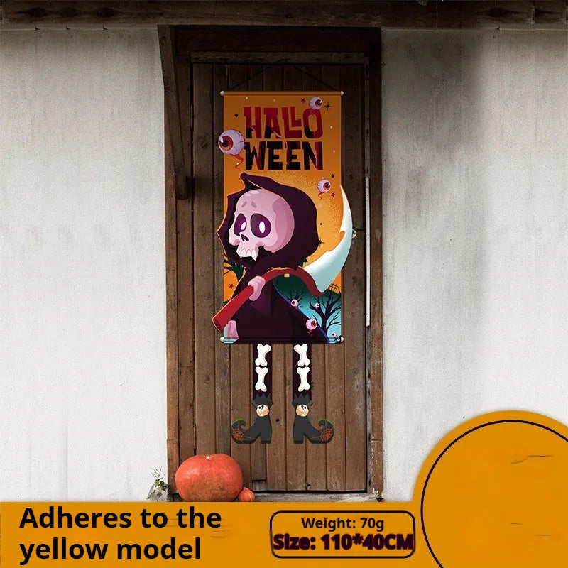 110×40cm cloth Halloween wall decoration with pumpkin print, includes three hanging hooks