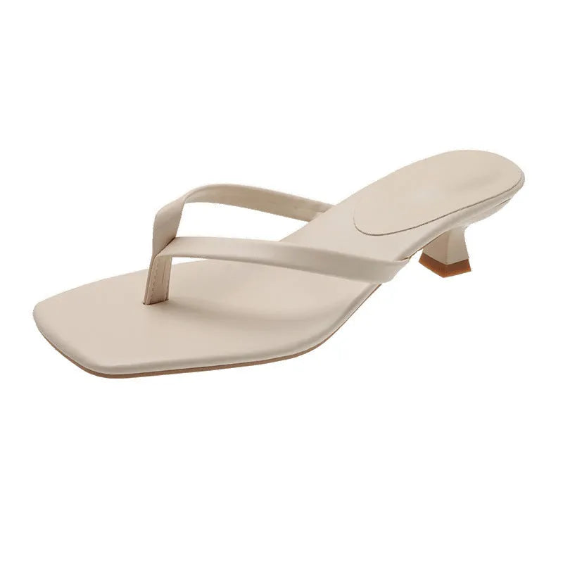 Women's square toe stiletto heel flip-flop sandals with rubber sole in black, milky white or apricot
