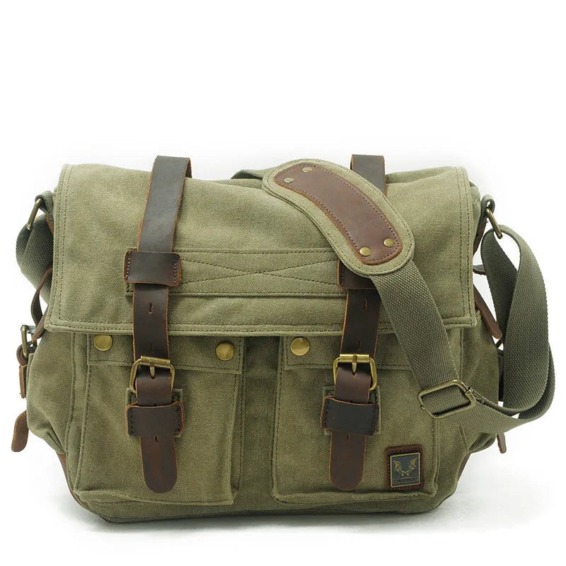 Men's retro-style canvas crossbody bag with cowhide trim in army green, showing flap closure and shoulder strap.