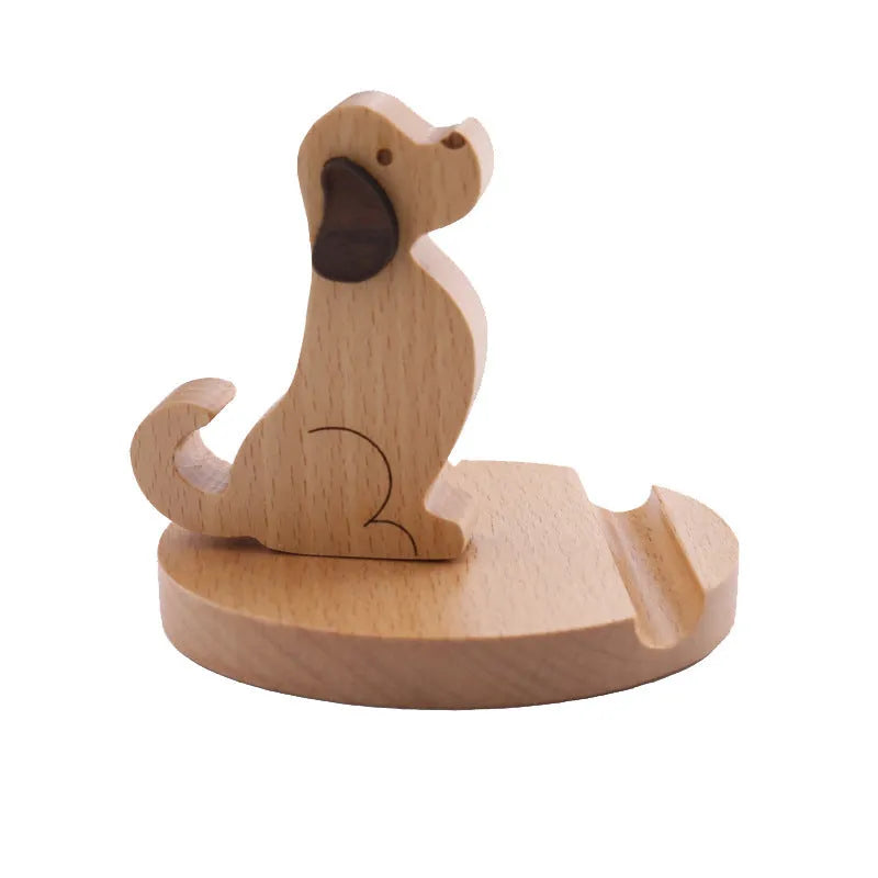 Brown solid wood cartoon puppy phone holder for desktop use with spray-painted finish