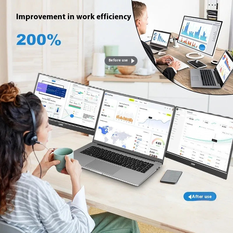 HD 14-inch dual screen LCD monitor with IPS panel in black, 1920x1080 resolution, USB connection