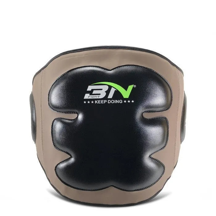 Dark grey Sanda boxing chest protection target showing thickened foam waist guard for martial arts training.